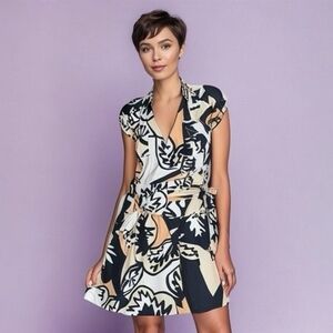 Diane Von Furstenberg Edan Wrap Dress Normandie Bloom Geometric Black White Tan